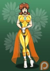 1girls bodysuit bondage breasts brown_hair collar crown dress gloves high_heels large_breasts mario_(series) medium_hair nintendo princess_daisy re-maker rubber_suit yellow_dress