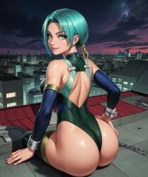 ai_generated ass bloody_roar bodysuit city_background dat_ass female green_eyes looking_at_viewer night pale-skinned_female pale_skin smile turquoise_hair uranus_the_chimera