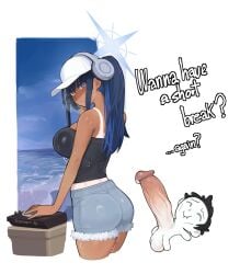 1boy ass bare_arms baseball_cap black_camisole blue_archive blue_eyes blue_hair blue_halo blue_shorts breasts camisole closed_mouth cropped_legs denim denim_shorts doodle_sensei_(blue_archive) english_text female gigantic_penis halo hat headphones highres large_breasts long_hair looking_at_viewer penis saori_(blue_archive) saori_(swimsuit)_(blue_archive) sensei_(blue_archive) shorts sidelocks snorkel14 sweat tan tanlines testicles uncensored white_hat