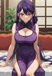 ai_generated black_hair chinese_clothes clothing earrings female hi_res huge_breasts isak2905 kurosaki_ruri looking_at_viewer lulu_obsidian purple_hair red_eyes sitting smile solo thick yu-gi-oh! yu-gi-oh!_arc-v