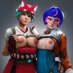 2girls 3d breast_envy breast_size_difference eclair_stones eclairstones jealous juno_(overwatch) kiriko_(overwatch) medium_breasts medium_hair overwatch overwatch_2 pale-skinned_female pale_skin pink_hair purple_hair two_tone_hair