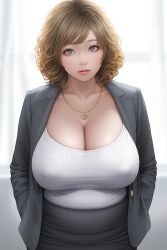 1girls ai_generated backlighting big_breasts blazer breasts camisole cleavage erect_nipples female female_only gray_eyes grey_eyes heart_necklace huge_breasts large_breasts light_brown_hair looking_at_viewer necklace nipple_bulge novelai open_clothes original original_character plump pokies simple_background skirt solo solo_female white_background white_camisole