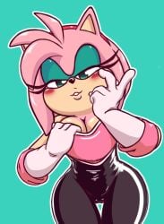 amy_rose amy_the_bat bodysuit breasts cleavage female female_focus female_only four-pundo horny_female neckline rouge_the_bat_(cosplay) sega sonic_(series) sonic_adventure_2 sonic_the_hedgehog_(series) spandex_suit