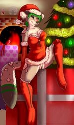 big_breasts breasts christmas female furry holidays looking_at_viewer mistletoe plant pussy red_legwear singingbirdstudio thighhighs wet