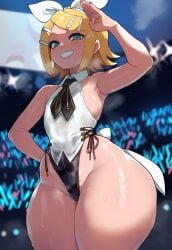 blonde_hair blue_eyes concert cuffyai flat_chest hi_res kagamine_rin leotard narrow_waist smile sweat wide_hips