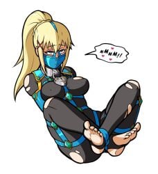 1girls arms_tied_behind_back blonde_hair blue_eyes bodysuit bondage bondage_harness breasts collar darkness_(konosuba) gag gagged harness harness_gag harness_muzzle_gag heart-shaped_pupils heart_lock kono_subarashii_sekai_ni_shukufuku_wo! large_breasts legs_tied muzzle_gag padlock ponytail torn_bodysuit wossarem x_hair_ornament