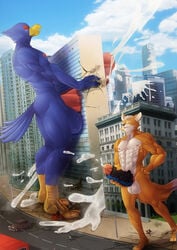 anthro avian balls beak bird building building_sex bus canine city cum cum_on_ground destruction falco_lombardi fox fox_mccloud fur hyper hyper_penis low-angle_view macro male male_only mammal masturbation muscular nintendo nipples orgasm pecs penis ratatula sex_toy size_difference sky standing star_fox street video_games