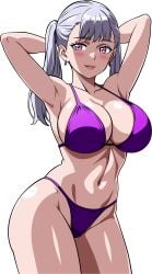 1girls ai_generated armpits arms_behind_head big_breasts bikini black_clover blush breasts busty cleavage female female_only grey_hair highres large_breasts legs long_hair looking_at_viewer navel noelle_silva pink_eyes pink_lips pointy_chin posing purple_bikini seductive_smile sensual sexy_pose smile swimsuit thick_thighs thighs thong_bikini toned twintails voluptuous