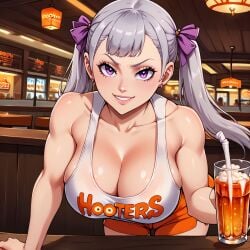 ai_generated alcohol big_breasts black_clover booty_shorts breasts cleavage clothed curvy drink glass hi_res hooters hourglass_figure huge_breasts large_breasts no_bra noelle_silva purple_eyes rubyart shirt shorts silver_hair twintails voluptuous