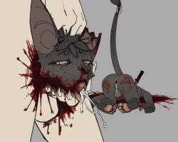 anthro anus aydri_(aydrithebat) aydrithebat backsack balls bat blood blood_in_mouth blood_on_face blood_pool bodily_fluids color corpse cum cum_drip cum_in_ass cum_in_mouth cum_inside cum_on_balls dead_eyes death decapitation dripping ejaculation fur gaping gaping_anus genital_fluids genitals gore grey_body grey_fur guro hi_res knife long_tail male male_death male_only male_ryona mammal necrophilia original pawpads paws rape reverse_blowjob severed_body_part severed_head snuff stab tail uncensored yaoi