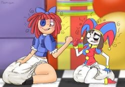 2girls abdl diaper diaper_fetish hand_on_diaper pomni_(the_amazing_digital_circus) ragatha_(the_amazing_digital_circus) the_amazing_digital_circus