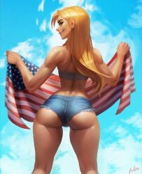 1girls 2023 4th_of_july american_flag artist_signature back back_view blonde_hair booty_shorts curvy curvy_female denim denim_shorts deviantart_link earrings evulart female holding_flag independence_day light-skinned_female long_hair looking_back looking_back_at_viewer microshorts short_hair short_shorts solo united_states_of_america