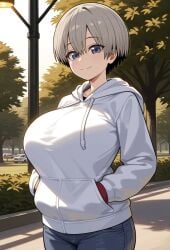 ai_generated blue_eyes coat gigantic_breasts grey_hair huge_breasts jean_shorts kemonogirls light-skinned_female light_skin looking_at_viewer massive_breasts short_hair shortstack smiling solo_female thick_body thick_female uzaki-chan_wa_asobitai! uzaki_hana voluptuous voluptuous_female