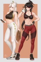 2girls airpods beidou_(genshin_impact) black_hair black_sports_bra breasts earbuds earrings eyepatch female_only fingerless_gloves genshin_impact hair_sticks holding_phone holding_towel large_breasts looking_at_viewer midriff navel necklace ningguang_(genshin_impact) phone ponytail red_eyes red_yoga_pants sciamano240 sneakers sports_bra towel white_hair white_yoga_pants yoga_pants