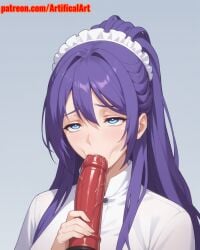 1girls ai_generated artifical_art blue_eyes dildo dildo_in_mouth incest mankitsu_happening purple_hair rei_suzukawa sex_toy solo sucking sucking_dildo