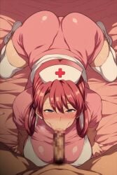 ai_generated apron bed bedroom blowjob censored_penis fellatio hentai huge_ass huge_breasts milf nurse nurse_joy penis pink_hair pokemon stockings twintails white_apron