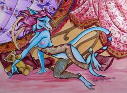 anthro areola blue_body breasts claws clothed clothing curtains dragon dragon_tail ear_piercing ear_ring female genitals green_eyes hair ineffective_clothing inside jewelry looking_at_viewer mythological_creature mythological_scalie mythology nipples non-mammal_breasts non-mammal_nipples open_mouth piercing pillow plushie purple_hair ring_piercing scalie solo tail teddy_bear topless topless_anthro topless_female valesz_(defenbaugh) vicky_wyman vulva