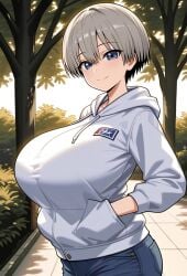 ai_generated blush coat gigantic_breasts grey_hair huge_breasts jean_shorts kemonogirls light-skinned_female light_skin looking_at_viewer massive_breasts short_hair shortstack smiling solo_female thick_body thick_female uzaki-chan_wa_asobitai! uzaki_hana voluptuous voluptuous_female