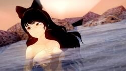 3d bathing black_hair blake_belladonna bow breasts catgirl color completely_nude_female convenient_censorship digital_media_(artwork) faunus female female_focus female_only kemonomimi logang45 long_hair medium_breasts nude nude_female painted_nails rock rocks rwby skinny_dipping smiling source swimming tagme toned toned_female water yellow_eyes