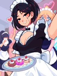 2020s 2024 3girls amber_eyes banana_split black_eyes black_hair blonde_hair blue_eyes bowtie chocolate_on_face cleavage cleavage_window food_tray heart hearts_around_head ice_cream ice_cream_parlor kana_fujisawa looking_at_viewer maid maid_headdress maid_uniform netsu_kazegawa no_sex offering_to_viewer pixel_art smile_at_viewer smiling tray yumy_(yumyverse) yumykon yumyverse