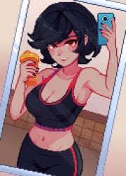 1girls 2020s 2024 armpits belly_button black_hair bra breasts cleavage clothing female female_only gym gym_clothes holding_phone kari_kozhevnikova legs_together painted_nails post_workout red_eyes selfie short_hair smile smiling solo solo_female tomboy yumykon yumyverse