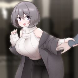 1boy 1girls big_breasts blue_eyes breasts coat grey_hair hi_res highres holding_hands large_breasts light-skinned_female light-skinned_male light_skin open_mouth pants public ribbed_sweater short_hair sweater unadare