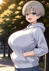 ai_generated blue_eyes coat gigantic_breasts grey_hair huge_breasts jean_shorts kemonogirls light-skinned_female light_skin looking_at_viewer massive_breasts short_hair shortstack smiling solo_female thick_body thick_female uzaki-chan_wa_asobitai! uzaki_hana voluptuous voluptuous_female