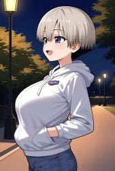 ai_generated blue_eyes coat gigantic_breasts grey_hair huge_breasts jean_shorts kemonogirls light-skinned_female light_skin massive_breasts short_hair shortstack smiling solo_female thick_body thick_female uzaki-chan_wa_asobitai! uzaki_hana voluptuous voluptuous_female