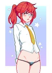 button_down_shirt flat_chest flat_chested glasses hands_behind_back kobayashi light-skinned_female micro_panties miss_kobayashi's_dragon_maid no_pants orange_eyes panties pixel_art red_hair small_breasts tagme tie true_flat_chest yumykon