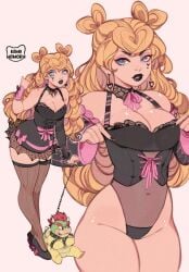 1boy 1girls blonde_hair bowser breasts clothing curly_hair female fully_clothed goth kamii_momoru lingerie male mario_(series) princess princess_peach