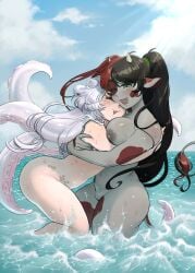 black_hair bovine breasts cameltoe cow_ears cow_girl cow_spots cow_tail dnsfwp green_eyes grey_skin horn horns lord_vermire lord_vermire_clan nipples octopus octopus_girl octopus_humanoid red_hair smiling split_hair_color tail tentacle thighs two_girls vtuber water white_hair yuri ywuria