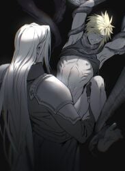 2boys anal armor arms_up barefoot between_legs black_coat black_gloves blonde_hair blush bound bound_arms bound_legs clenched_teeth closed_eyes clothes_lift cloud_strife coat crying dark final_fantasy final_fantasy_vii gloves grey_hair hand_on_another's_thigh high_collar highres long_coat long_hair long_sleeves male_focus male_penetrated multiple_boys nipples pauldrons pectorals restrained sephiroth sex shirt_lift short_hair shoulder_armor spiked_hair spread_legs teeth tentacle tentacle_grab tentacles_on_male xianyu314 yaoi