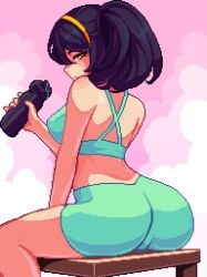 2020s 2024 amber_eyes ass ass_focus big_ass black_hair drinking_water gym_clothes hairband looking_at_viewer looking_back_at_viewer netsu_kazegawa pink_background pixel_art ponytail post_workout pussy_bulge sitting steamy sweating thick_thighs water_bottle yumykon yumyverse