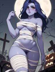 ai_generated eogard_orc female full_moon graveyard halloween halloween_theme looking_at_viewer moonlight mummification mummy_costume mummy_wrappings overwatch overwatch_2 pubic_hair pumpkin purple_skin self_upload stable_diffusion widowmaker