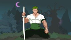 bara earrings human inmomakuro kneeling male male_only muscles one_eye_closed one_piece roronoa_zoro scar solo sword trees yaoi