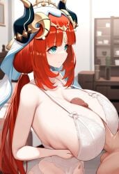 1boy 1girls ai_generated blue_eyes blurry_background breasts breasts_bigger_than_head genshin_impact huge_breasts huge_cock imminent_paizuri large_breasts nilou_(genshin_impact) paizuri penis red_hair side_view smile white_lingerie