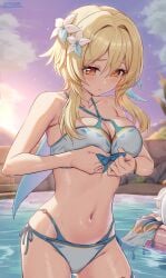 1girls 2024 2d 2d_(artwork) alternate_costume bikini bikini_bottom bikini_top blonde_hair blush bra clouds day female female_focus female_only flowers flowers_in_hair front_view genshin_impact hoyoverse light-skinned_female light_skin looking_down lumine_(genshin_impact) medium_breasts mihoyo official_alternate_costume outdoors paimon_(genshin_impact) ponnyu12 short_hair sky slim_girl solo solo_female solo_focus standing standing_in_water sun swimsuit thong thong_bikini two_piece_swimsuit water wet wet_body white_flowers white_hair yellow_eyes young younger_female