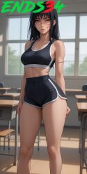 ai_generated black_hair chainsaw_man ends34 female female_only mitaka_asa shorts sports_bra sports_uniform yoru_(chainsaw_man)