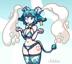 1girls chabble cow_ears cow_girl cow_horns cow_print cow_print_bikini cow_print_thighhighs cow_tail green_eyes green_hair hatsune_miku