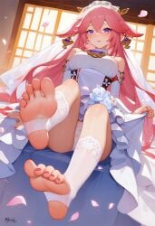 1girls ai_generated barefoot feet feet_focus foot_fetish foot_focus genshin_impact hi_res legs myrioku pink_hair purple_eyes soles solo stable_diffusion stirrup_legwear toenail_polish toes wedding_dress yae_miko