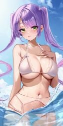 absurdres alternate_breast_size bad_id bad_pixiv_id bikini blue_sky blush breasts cloud commentary female frilled_bikini frills garter_belt green_eyes hand_on_own_chest highres hololive large_breasts long_hair looking_at_viewer multicolored_hair navel open_mouth pink_hair purple_hair sky smile solo streaked_hair swimsuit thighhighs tokoyami_towa twintails virtual_youtuber wading water wet white_bikini white_garter_belt white_thighhighs ya_ta