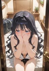 ai_generated anime bedroom black_hair blue_eyes door headband high_school_student highres kaoru_hana_wa_rin_to_saku kaoruko_waguri looking_away nude_female pov shy thighs undressing wavy_hair