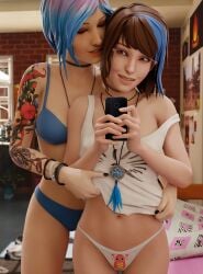 2girls 3d blue_hair brown_hair chloe_price female female_only glasses life_is_strange max_caulfield panties square_enix tattoo tattooed_arm ubermachineworks underwear undressing undressing_another yuri