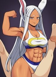 1boy1girl abs amazon_position big_breasts boku_no_hero_academia breasts bunny_ears bunny_girl dark-skinned_female dark_skin dragonnight female mirko miruko muscular muscular_arms muscular_female muscular_legs muscular_thighs my_hero_academia rumi_usagiyama underwear white_hair