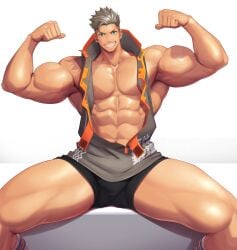 1boy abs armpits arms_up bara beard_stubble beefy biceps big_chest earrings hi_res looking_at_viewer male male_only meisho_hanten muscles muscular muscular_arms muscular_legs muscular_male muscular_thighs original original_character pecs short_hair shorts silver_hair simple_background sitting six_pack smile socks solo spread_legs tattoo tattoo_on_face tattoo_on_neck teal_eyes thick_arms thick_thighs tough_guy unzipped vein vest wide_shoulders