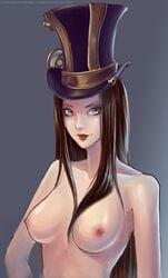 1girls blue_eyes breasts brown_hair caitlyn_kiramman colored eyelashes female feversea goth hat himerie league_of_legends lipstick long_hair looking_at_viewer nipples pale_skin parted_lips riot_games simple_background sketch slim solo top_hat