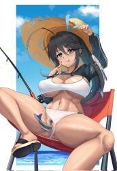 :q azur_lane bestiality black_hair blush breasts female female_pubic_hair fish fishing_rod green_eyes hat high_ponytail highres homura_(senran_kagura) homura_(the_shinobi_angler)_(senran_kagura) huge_breasts navel object_insertion official_alternate_costume ponytail pubic_hair pussy pussy_juice sandals senran_kagura sitting spread_legs stomach straw_hat tongue tongue_out topeko_pekoni underboob vaginal_object_insertion vaginal_penetration