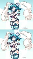 1girls chabble cow_ears cow_girl cow_horns cow_print cow_print_bikini cow_print_thighhighs cow_tail green_eyes green_hair hatsune_miku lactating lactation lactation_through_clothes milk milk_carton