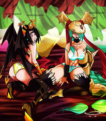 2girls amazon amazonian black_hair bra braid braided_hair cleavage digimon digimon_(species) digimon_xros_wars eonida eyeshadow female female_only green_hair lilithmon lipstick long_hair mervamon multiple_girls panties seven_great_demon_lords succubus tagme underwear very_long_hair wings yellow_eyes