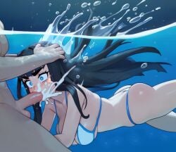 1boy ai_generated ass bikini black_hair blue_eyes blunt_bangs breasts brush404 bubbles cheek_bulge cum cum_in_mouth fellatio female floating from_side head_grab kill_la_kill kiryuuin_satsuki long_hair medium motion_lines overflow stable_diffusion thick_eyebrows underwater wide_eyed